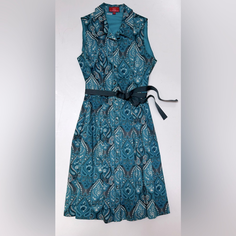 🔥HP🔥Oscar de la Renta sleeveless, button down teal blue paisley dress. Size 8.